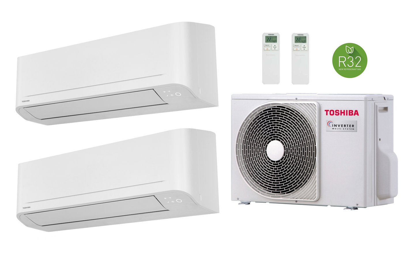 Multi split airconditioning Toshiba 1x binnenunit SEIYA 2 RAS-B05E2KVG-E 1,5 kW + 1x binnenunit SEIYA 2 RAS-B10E2KVG-E 2,5 kW + buitenunit RAS-2M10U2AVG-E 3,3 kW