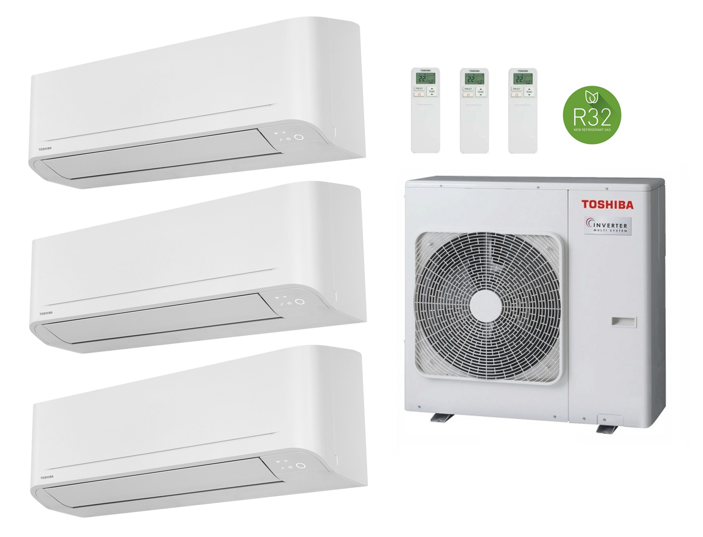 Multi Split Klimaanlage Toshiba 3x Innengerät SEIYA CLASSIC RAS-B13B2KVG-E2 3,3 kW + 1x Außengerät RAS-3M26G3AVG-E 7,0 kW