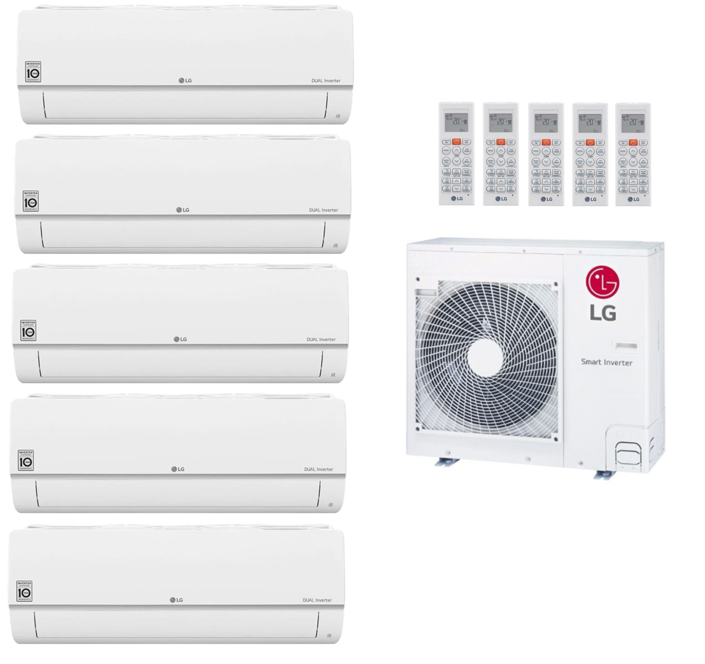 Multi Split Klimaanlage LG 4x Innengerät Standard Plus PM07SK 2,1 kW + 1x Innengerät Standard Plus PC24SK 6,6 kW + 1x Außengerät MU5R40 R32 oder MU5M40 R410A 11,2 kW