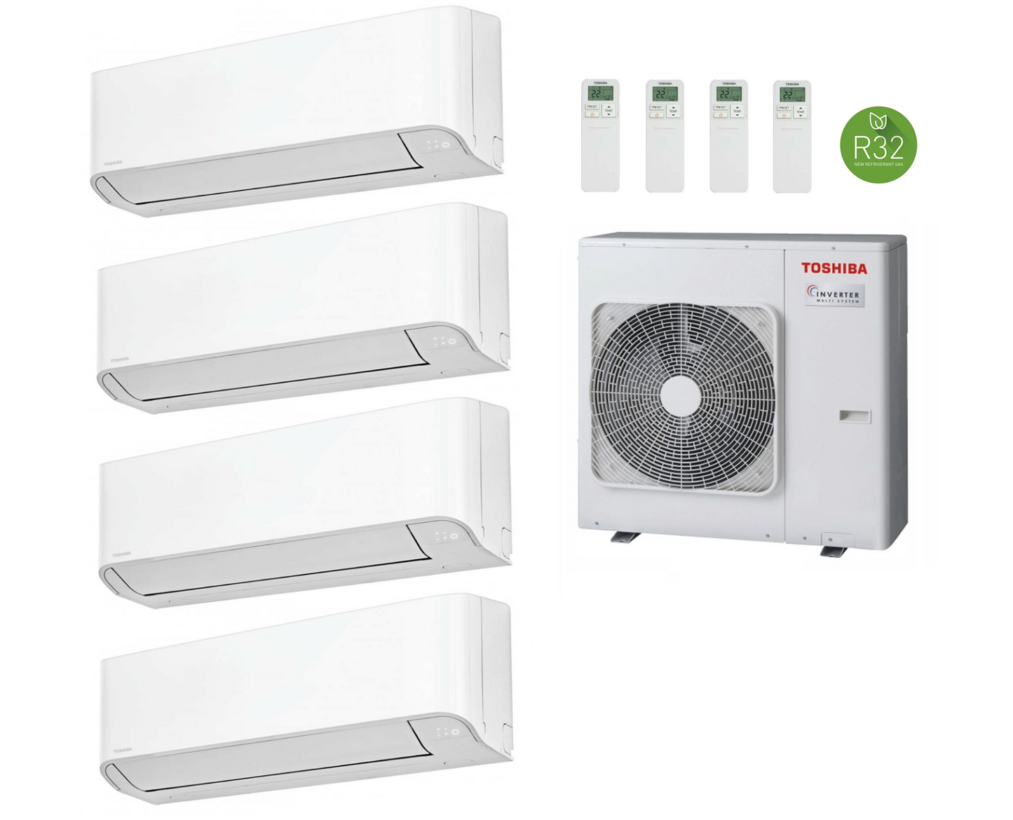 Multi Split Klimaanlage Toshiba 4x Innengerät SEIYA 2 RAS-B10E2KVG-E 2,5 kW + Außengerät RAS-4M27U2AVG-E 8,0 kW